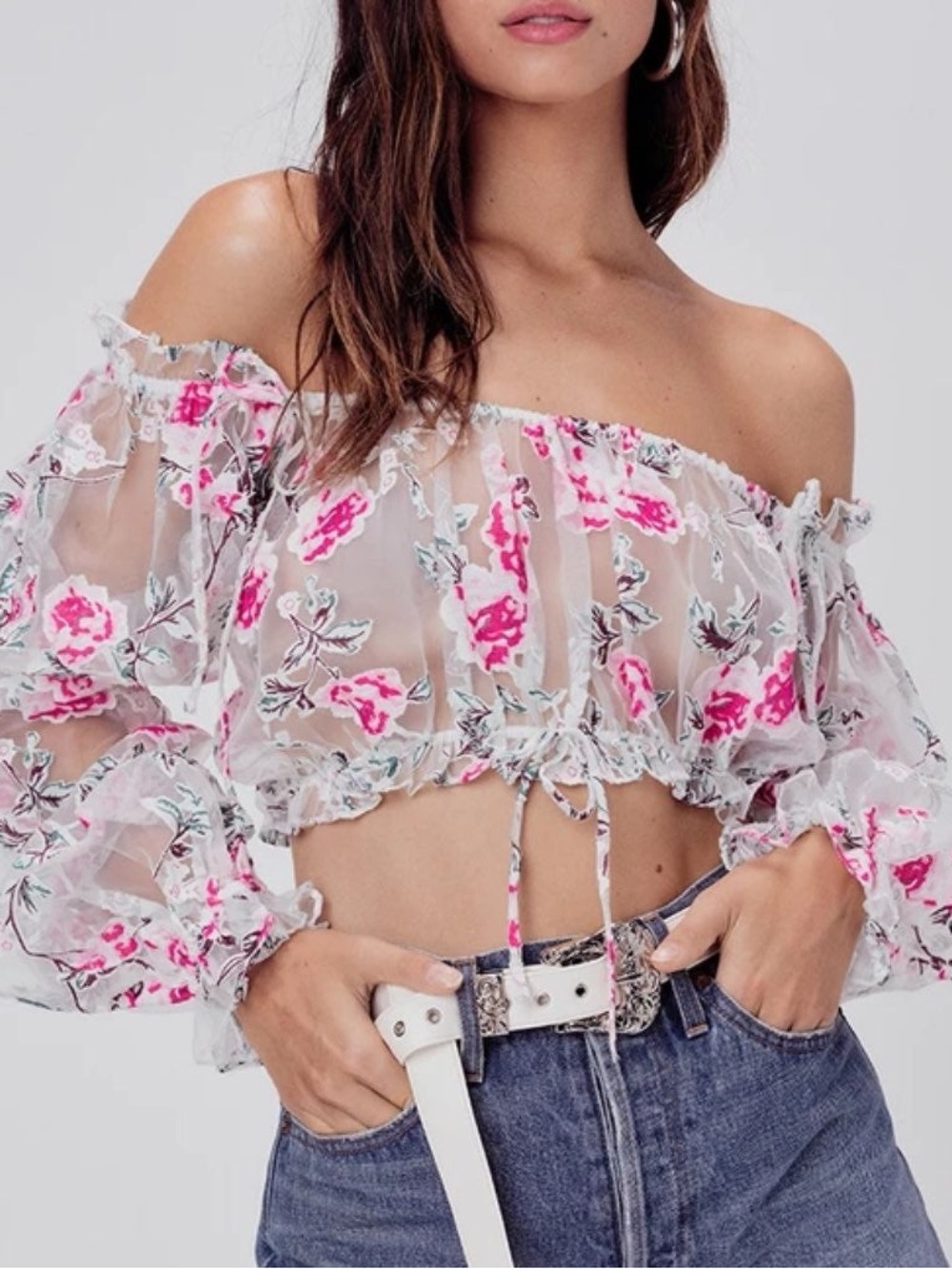 Off-Shoulder Sheer Floral Crop Top - Pink
